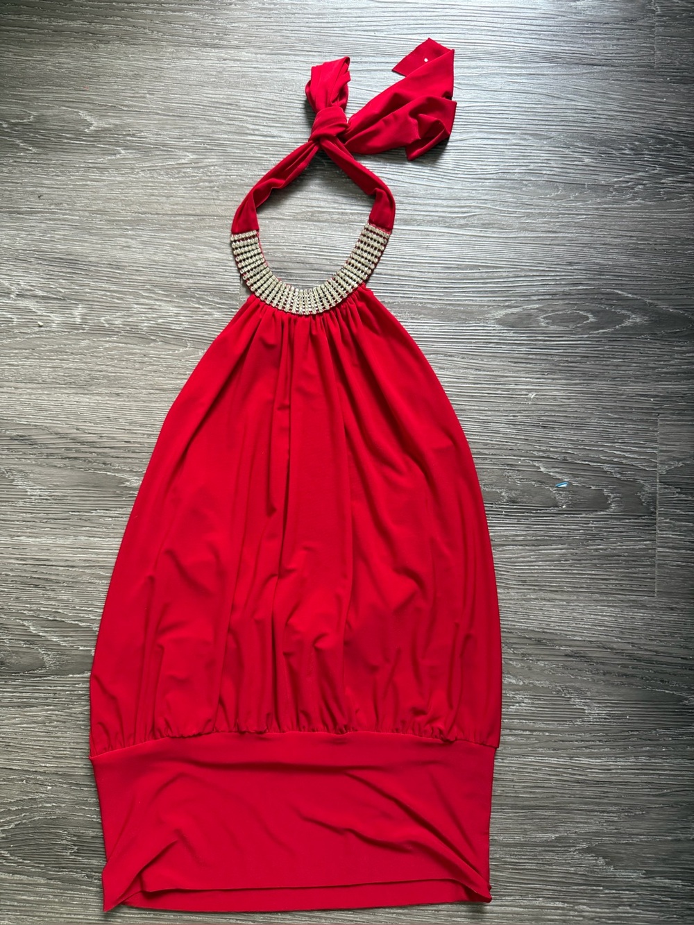 Papaya Red Halter Top with Jeweled Neckline